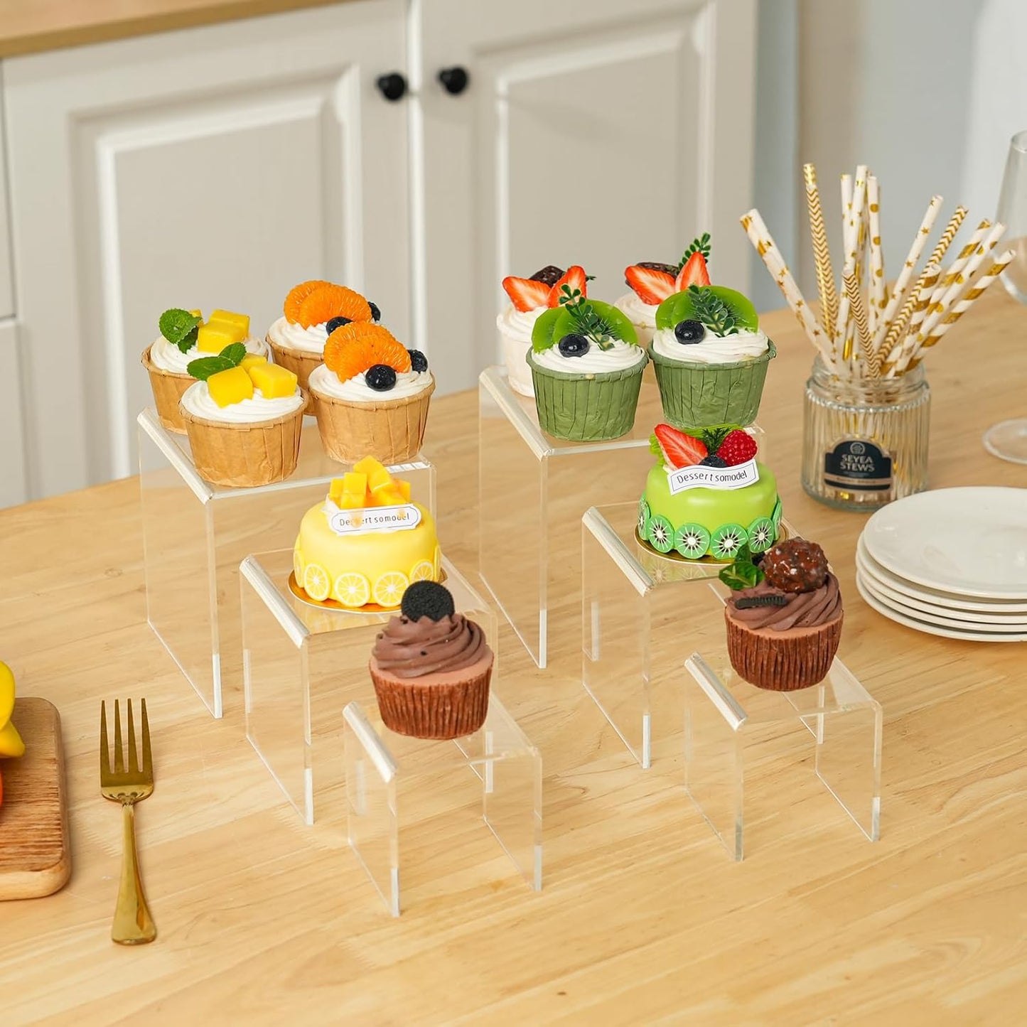 Fixwal 2 Set Acrylic Display Risers Cupcake Stands Clear Dessert Table Display Set, Display Shelf for Funko POP Figures-3"x4"x5"