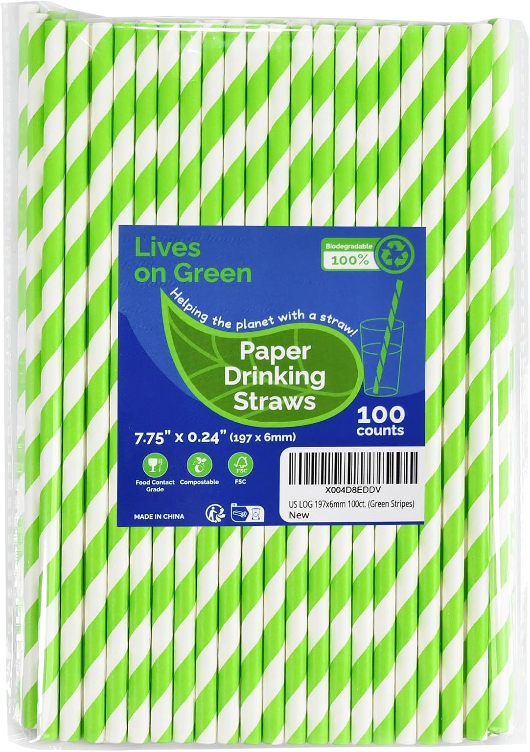 7.75'' x 0.24'' Disposable Party & Daily Paper Drinking Straws Green White Striped 100 Counts - Biodegradable & Compostable