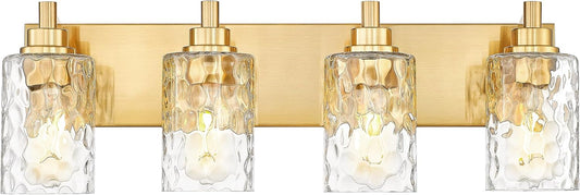 4-Light Bathroom Light Fixtures, 24.5 Inch Brushed Gold Vanity Lights with Clear Hammered Glass Cylinder Shade, Modern Vanity Lighting Fixture Over Mirror, VL198-BG-4