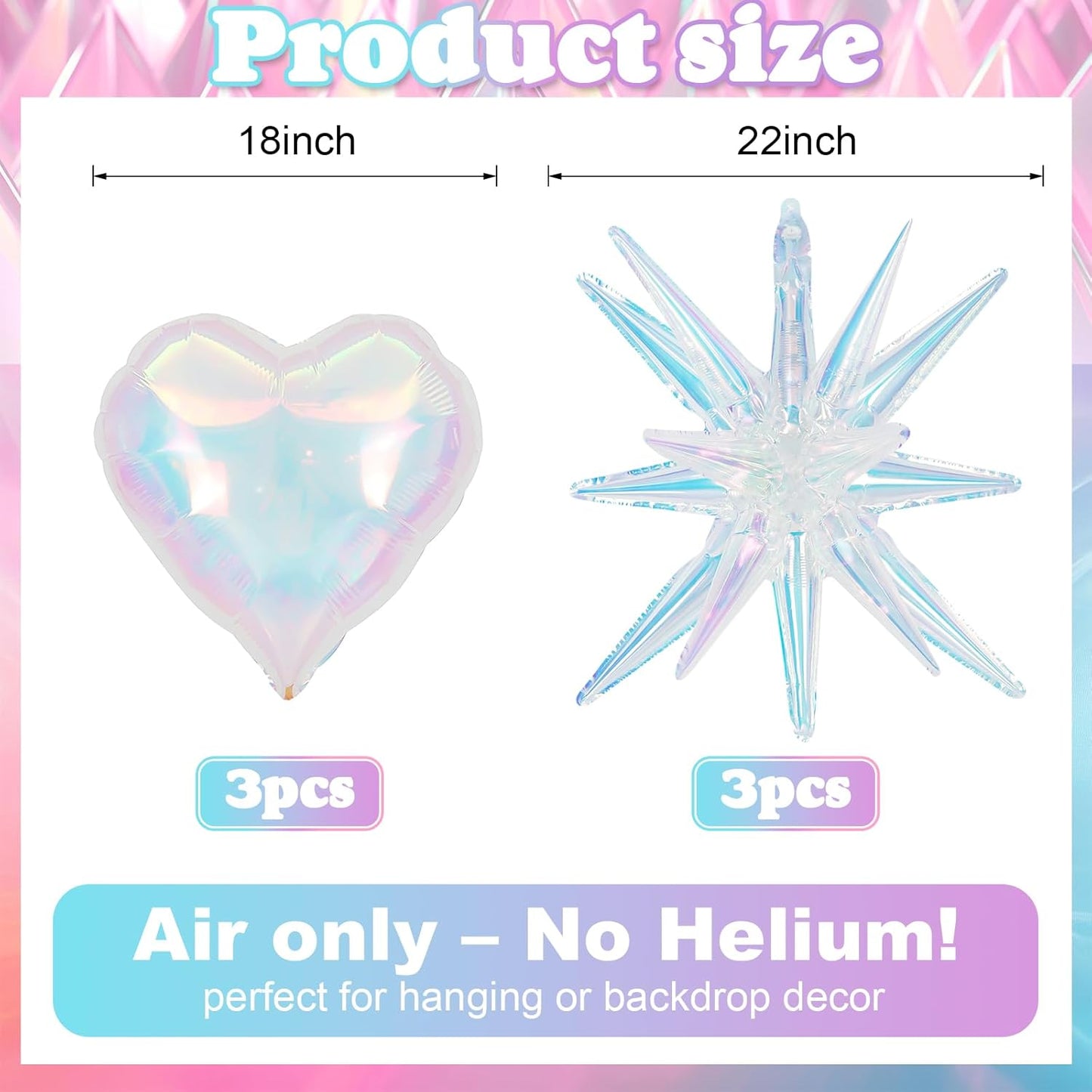 6Pcs Iridescent Foil Balloons, 22" 18" Heart Explosion Star Iridescent Balloons Large Holographic Clear Foil Balloon for Birthday Baby Shower Mermaid Rainbow Wedding Party Supplies