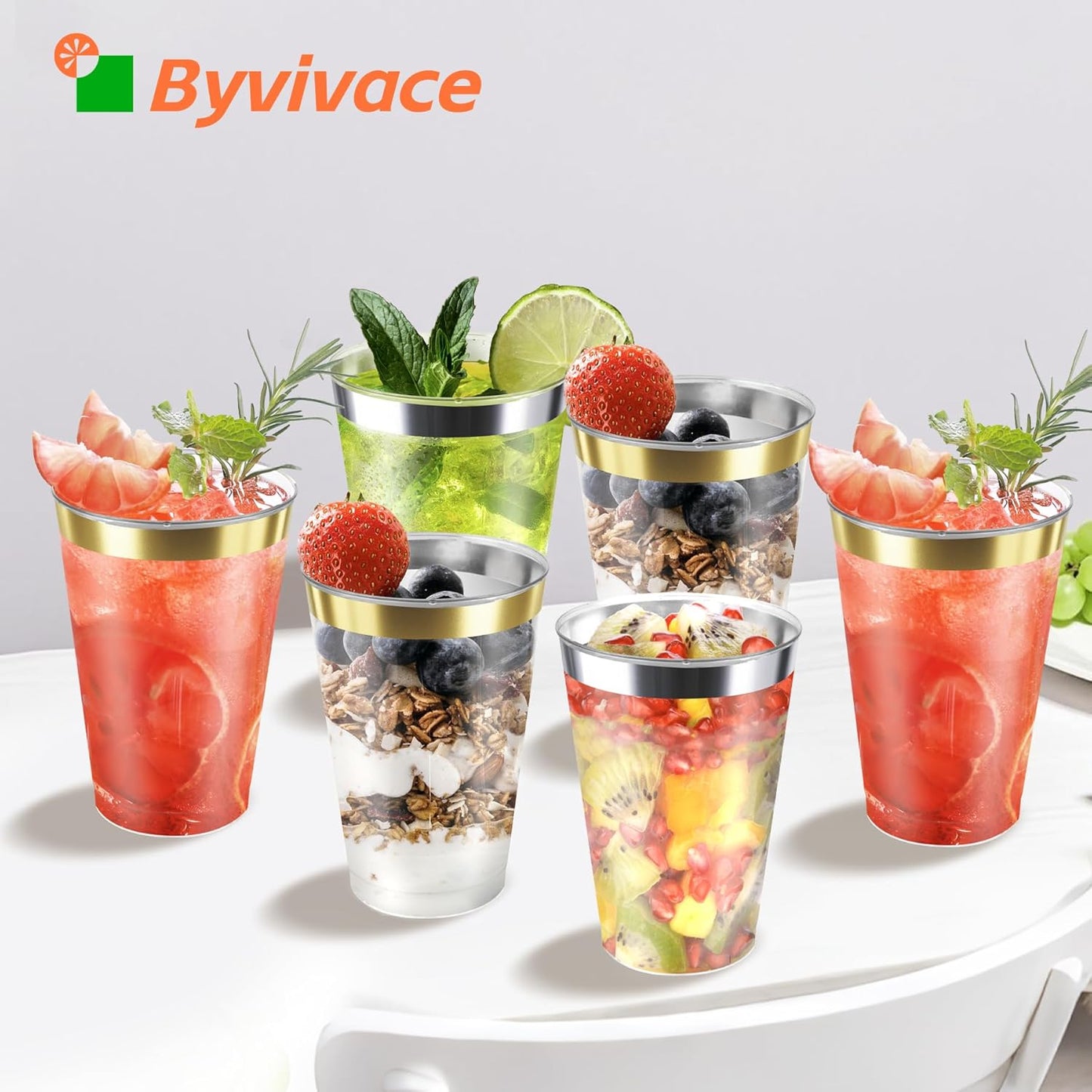 12OZ Plastic Cups with Gold Rimmed Sturdy & Food Safe Disposable Wine Glasses Weeding Party Cups Disposable Drinking Cups Plastic Cocktail Glasses for Wine, Juice & Cold Beverages [200 Pack]