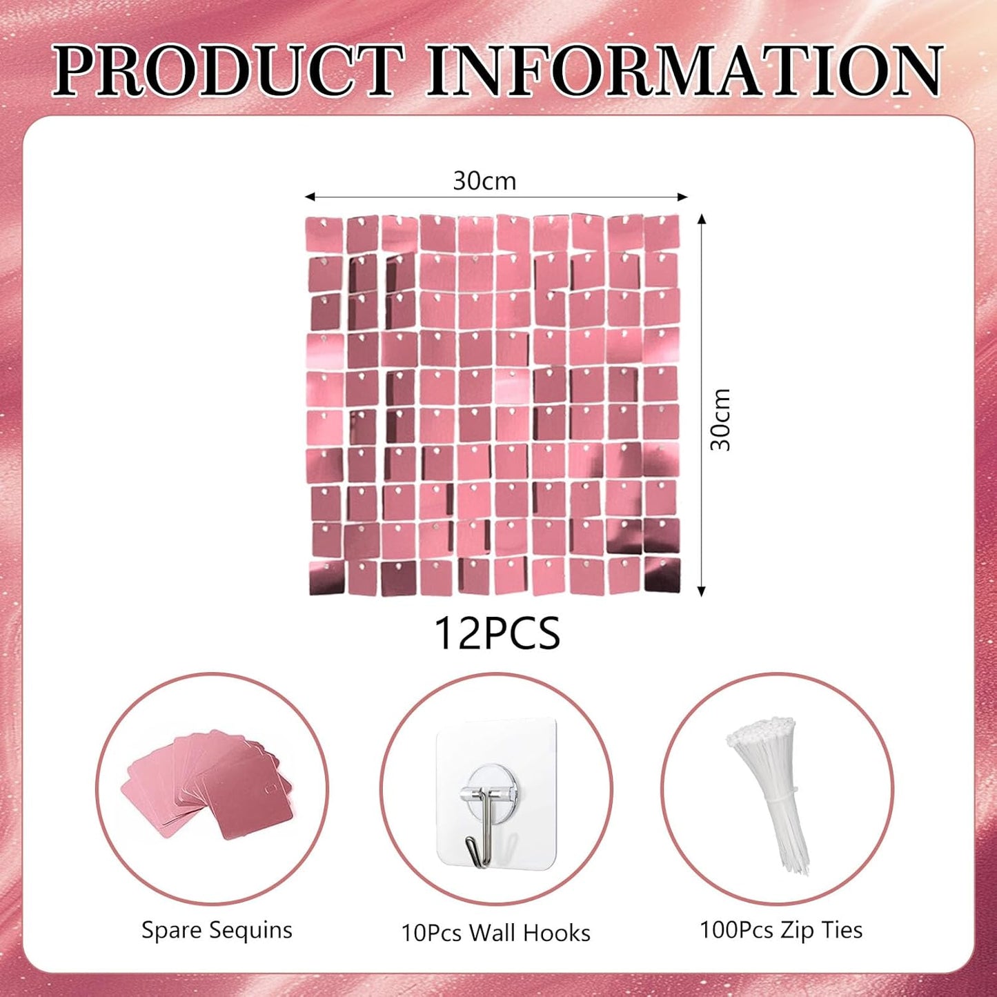 12PCS Rose Gold Shimmer Wall Backdrop, Square Sequin Photo Backdrops Panel, Glitter Wall Background for Birthdays, Weddings, Engagements, Baby Showers, Disco Bachelorette Party Decoration (3FTx4FT)