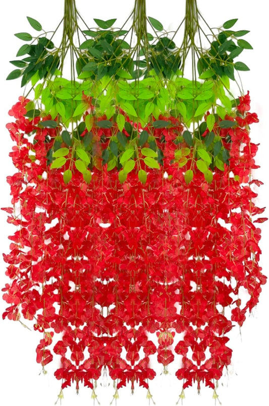 12 Pack Red Wisteria Hanging Flowers Garland, 3.77 Feet Artificial Flower Vines, Fake Wisteria, Artificial Vines Hanging Garland for Backdrop Outdoor Yard Garden Decor