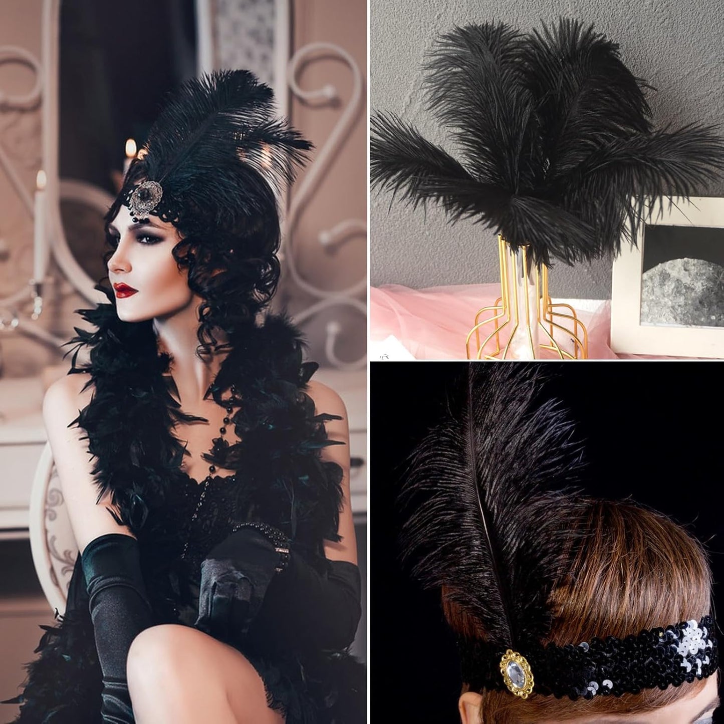 NEWONG 30pcs Black Ostrich Feathers Natural Bulk 8-10inch(20-25cm) Vase Craft Wedding Home Party Centerpieces Christmas Day Decoration