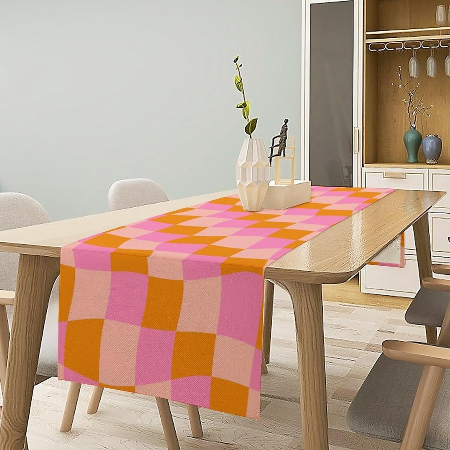 Checkered Table Runner Orange Retro 60s70s Boho Style Kitchen Restaurant Decoration Suitable for Indoor and Outdoor Festival Home Wedding Party Table Runner 13x36 Inch