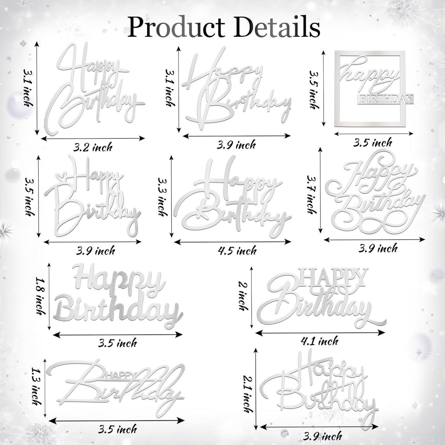 10 PCS Silver Happy Birthday Cake Topper Mirror Acrylic Cake Toppers Double-Sided Glitter Birthday Decorations for Girls Women's Party Supplies