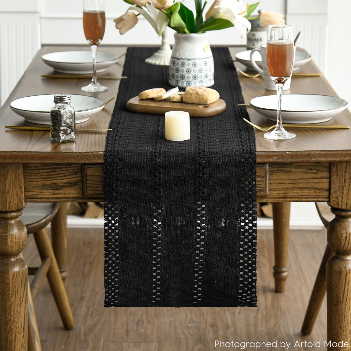 Artoid Mode Black Farmhouse Woven Rustic Hollow Table Runner, Seasonal Holiday Hollow Kitchen Dining Table Decoration for Home Party Decor 12x48 Inch