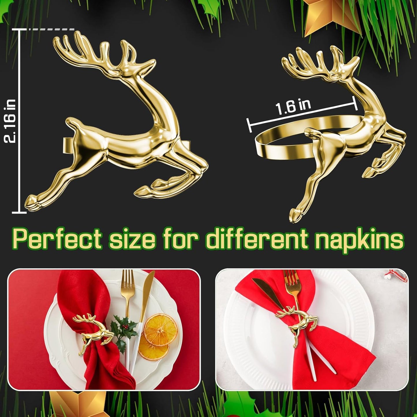 ZeeDix Gold Reindeer Christmas Napkin Rings Set of 12, Napkin Holder Ring for Christmas Dinner Table Decor Cloth Napkins, Wedding Receptions, Holiday Party, Banquet and Home Kitchen
