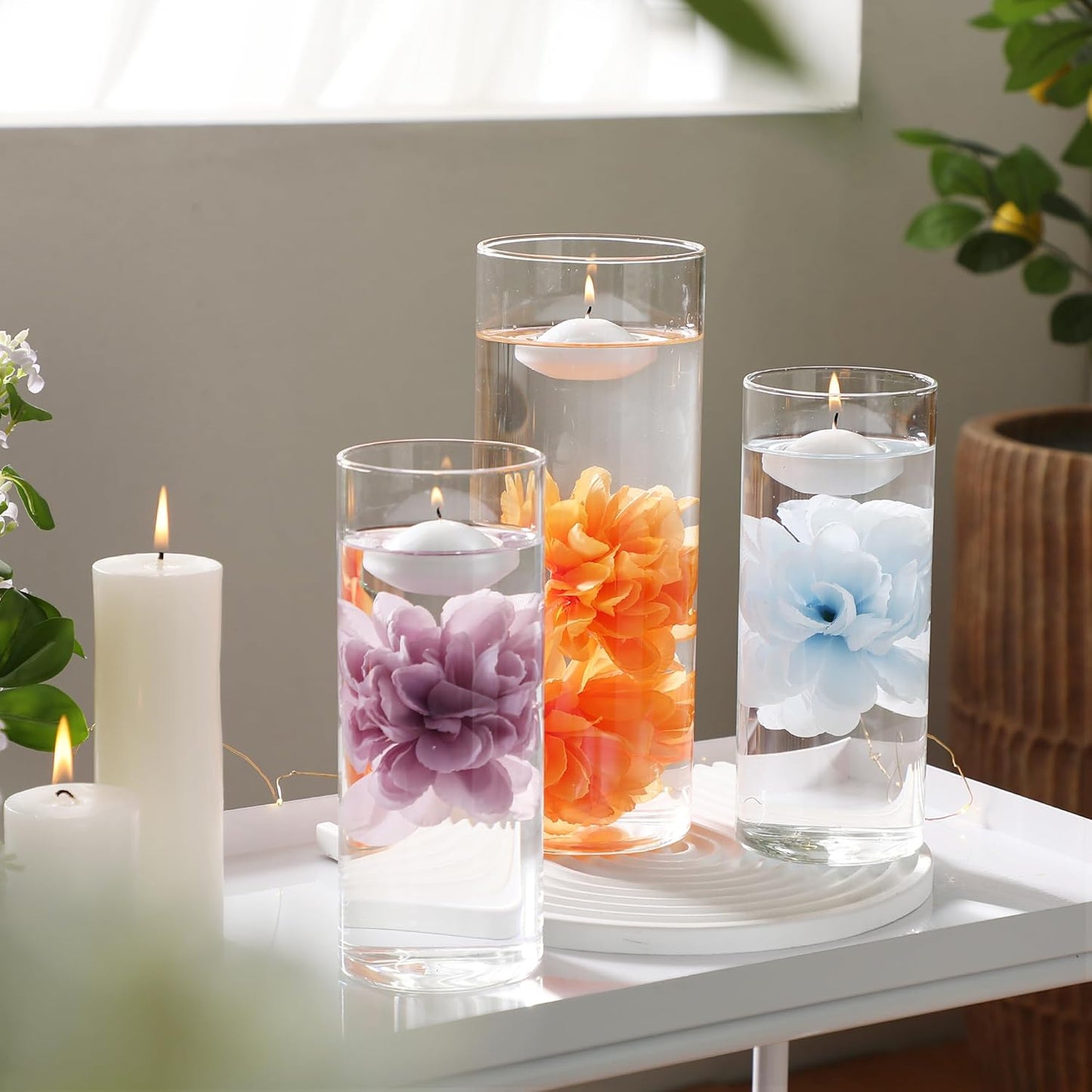 24 Pcs Floating Candles for Centerpieces and Floating Flowers Artificial Flowers Head Vase Filler for Party Home Table Wedding Centerpieces Decoration (Orange)