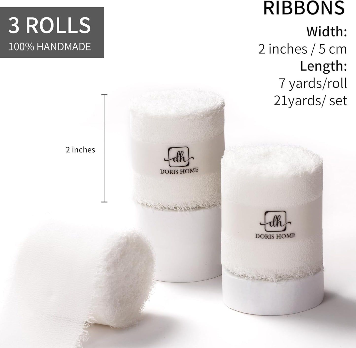 DORIS HOME Ivory Chiffon Ribbon for Flower Bouquet, 2" x21Yd Fabric Ribbon for Gift Wrapping, Handmade Frayed Ribbon for Wedding/Christmas Decorations