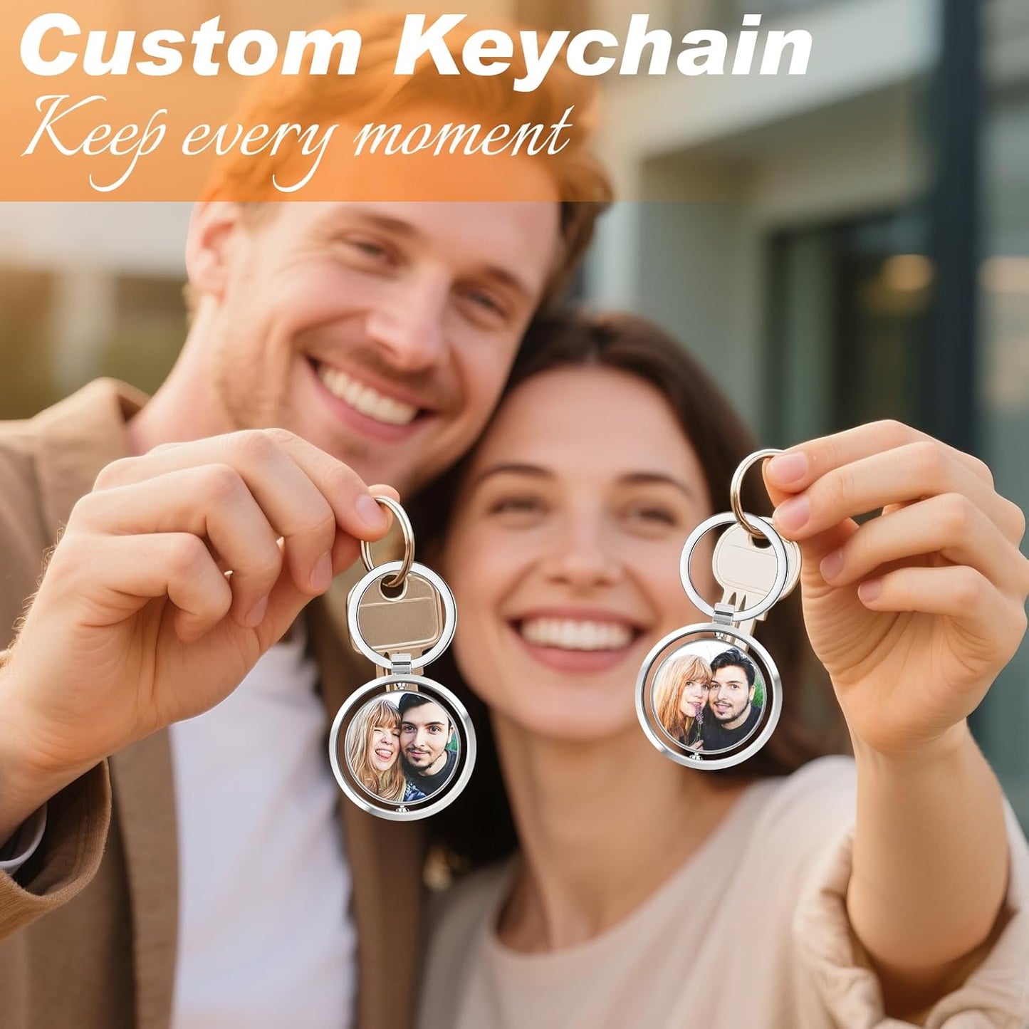 Custom Keychain with Picture, Personalized Photo Keychain with LOGO Text, Customized Gifts for Boyfriend Couple