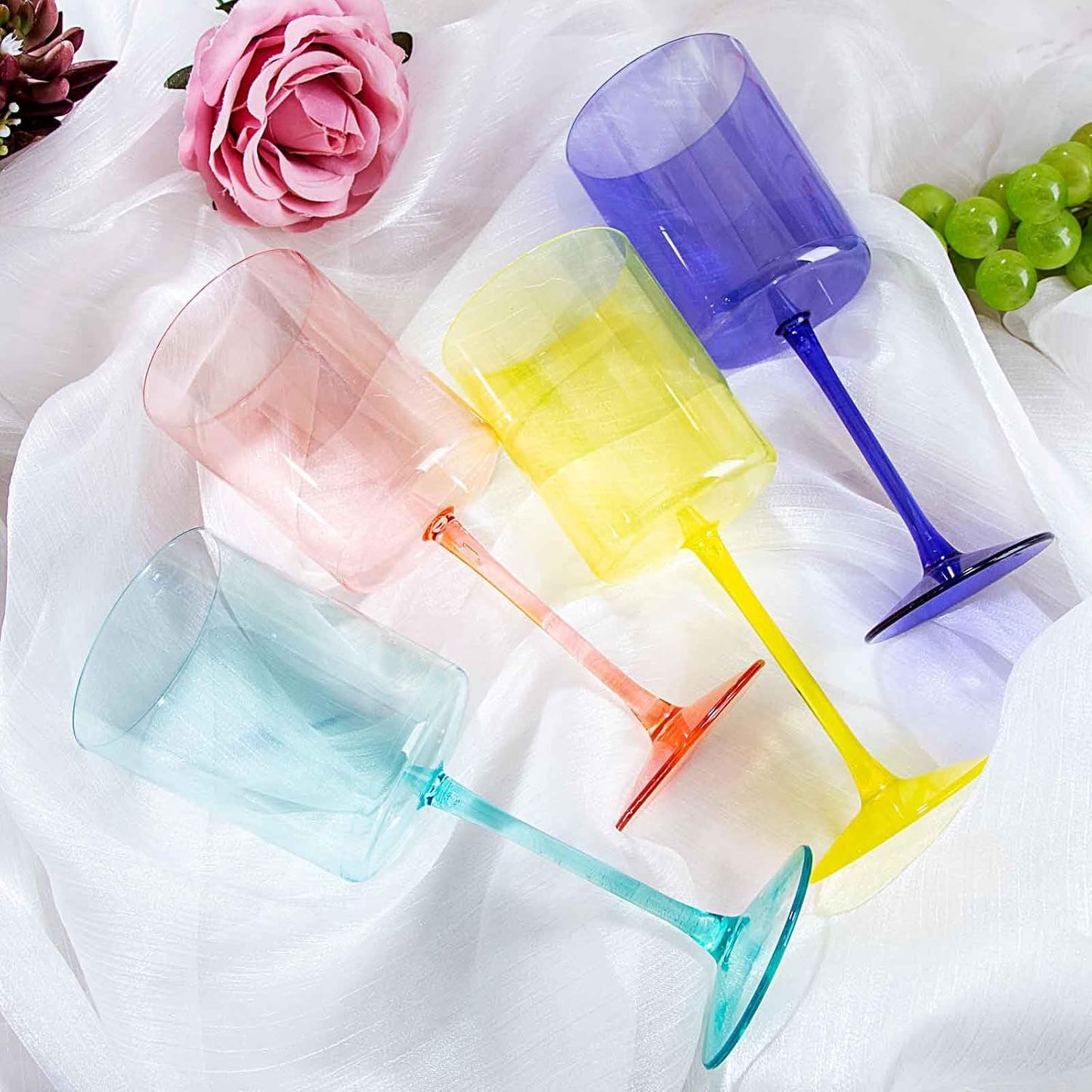 Ciaell 4 Pack Plastic Wine Glasses - 10 Oz Plastic Wine Glasses with Stem - Disposable Wine Glasses Perfect for Parties & Weddings & Poolside & Outdoors & Camping(Pink Green Purple Yellow)