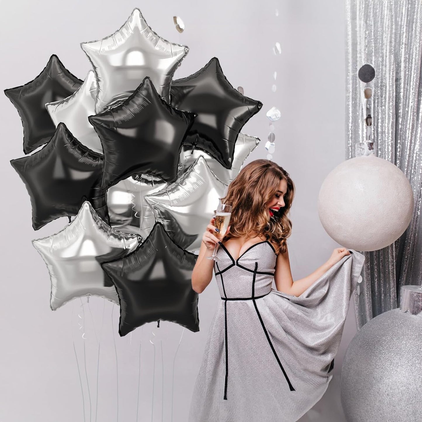 Black Silver Star Foil Balloons, 18 Inch Large Black and Metallic Silver Stars Shape Aluminum Foil Helium Balloon 10 Pcs Pentagram Balloons Party Decor for Birthday Graduation Retirement New Year