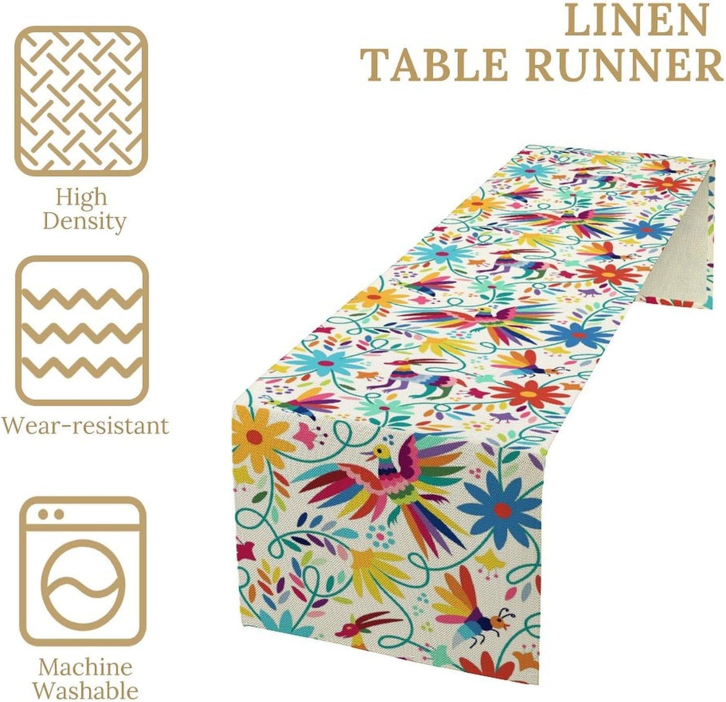 Mexican Table Runner,Boho Colorful Nature Inspired Flowers and Birds Table Cloth Kitchen Dining Table Home Party Decoration 13x36 Inch