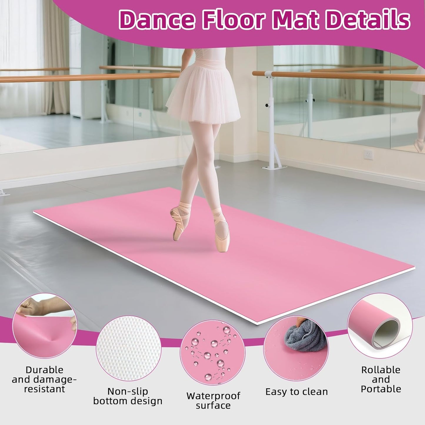 Dance Floor Mat Non-Slip with Shoulder Strap Portable and Dance Resistance Band, Dance Floor for Ballet,Jazz, Pop Thick PVC Practice Floor Reusable Mat (Pink, 180cm*90cm*0.35cm)