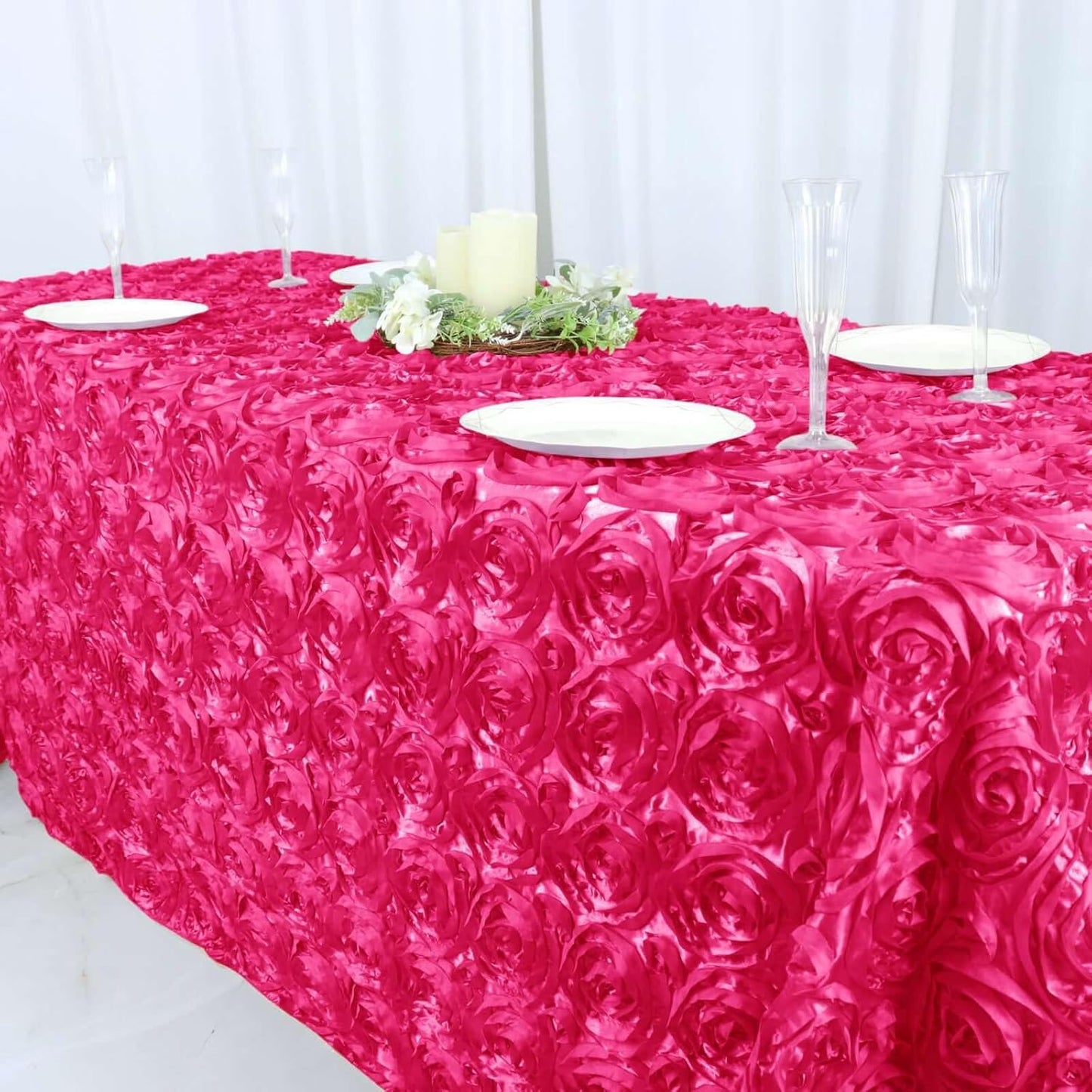 Efavormart 90"x132" Wholesale Rectangle Table Cover Fushia Grandiose Rosette 3D Satin Tablecloth for Wedding Party Event
