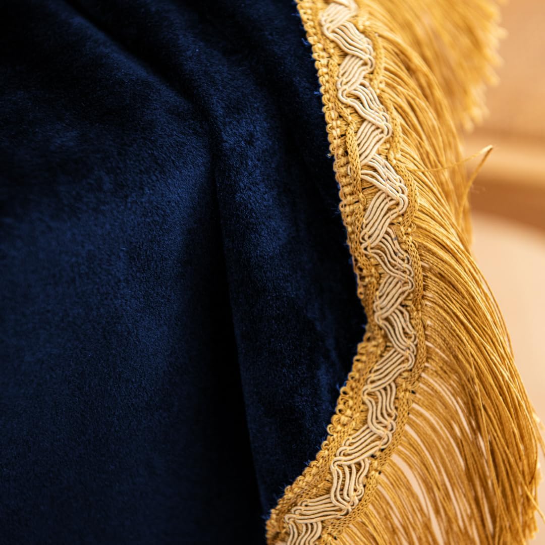 F-CHU Blue Tablecloth Thickset Velvet Tablecloth with Beautiful Gold Tassels Vintage Table Cloth for Home Decor Wedding, Party, Banquet and Events 70" Round