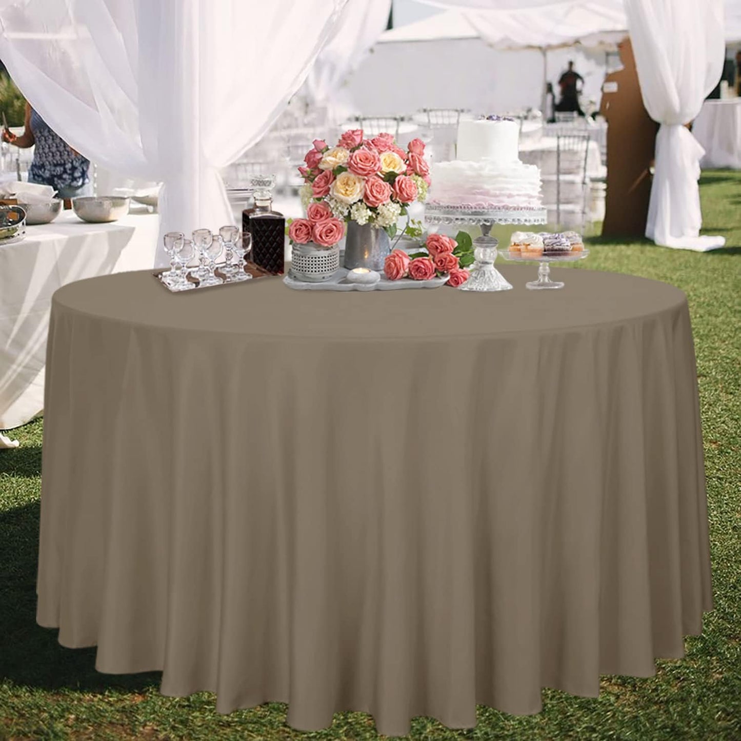 sancua Round Tablecloth - 120 Inch - Water Resistant Spill Proof Washable Polyester Table Cloth Decorative Fabric Table Cover for Dining Tables, Buffet Parties and Camping, Taupe