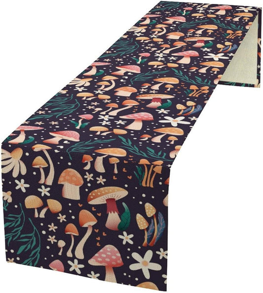 Mushroom Table Runner,Retro Forest Plant Table Cloth Farmhouse Kitchen Dining Table Decoration for Home Party Decor 13x90 Inch