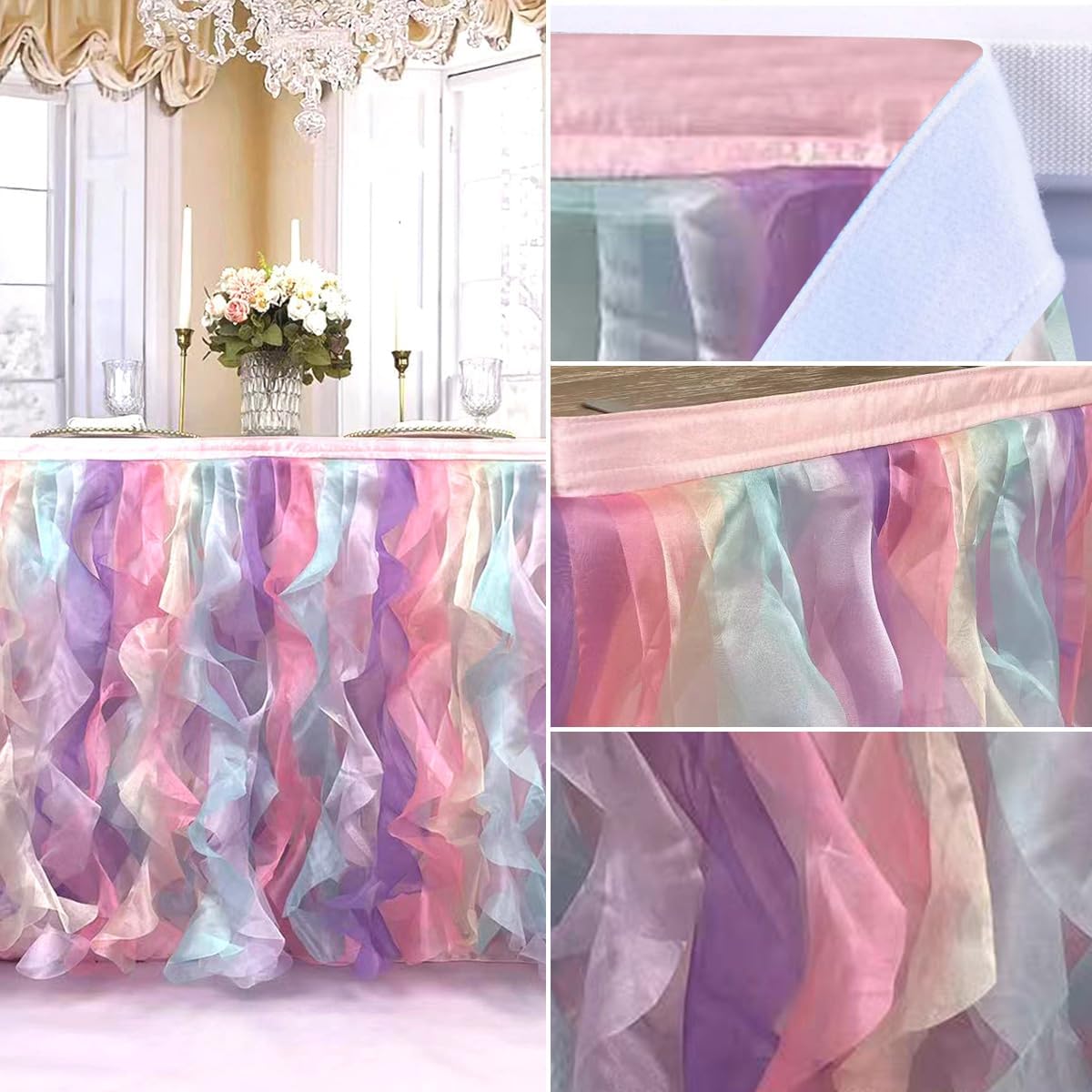 Luxury Organza Mesh Table Skirt Draping Floating Romance - Perfect for Bridal Showers, Birthday Weddings - Clear Flowing Decoration for a Wonderful Main Cake Table (Colorful-6ft, 72" L×30" H)