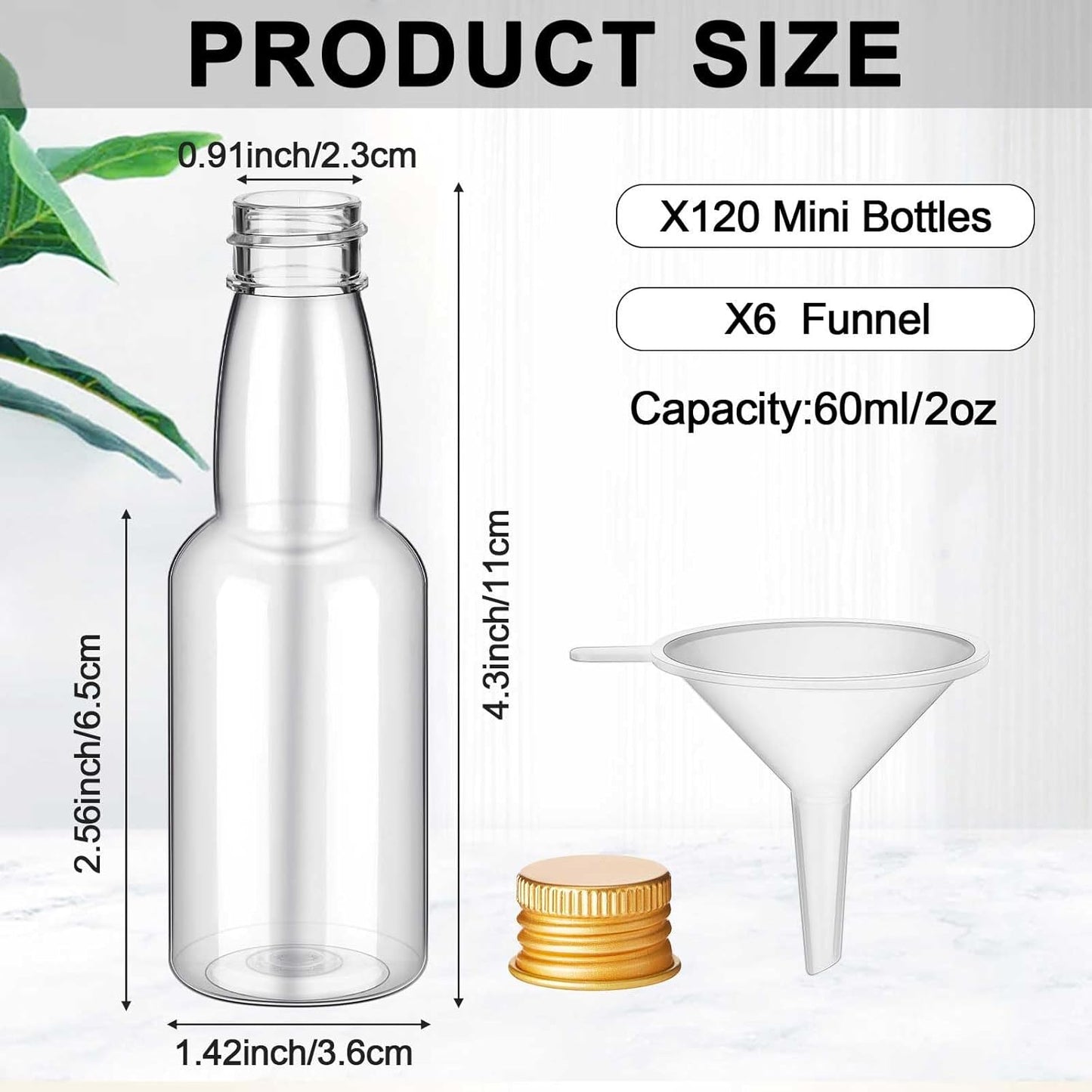 120 Pcs Mini Liquor Bottles Airtight Shot Miniature Empty Plastic Alcohol Spirit Shot Bottles with Funnels for Party Favors, Weddings(2 oz,Gold)