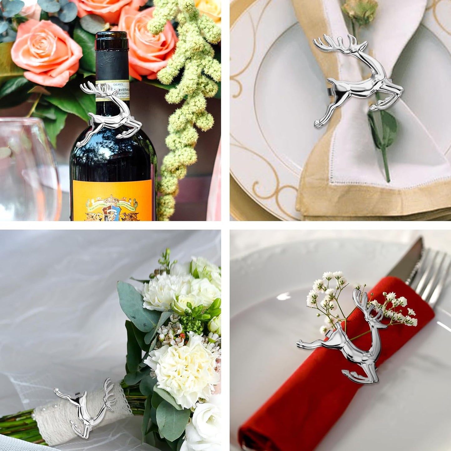 ZeeDix Silver Reindeer Christmas Napkin Rings Set of 12, Napkin Holder Ring for Christmas Dinner Table Decor Cloth Napkins, Wedding Receptions, Holiday Party, Banquet and Home Kitchen