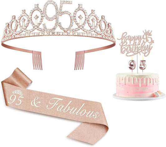 95th Birthday Decorations for Women Including Birthday Sash, Crown, Numeral Candles and Cake Topper, Rose Gold Party Decor Supplies