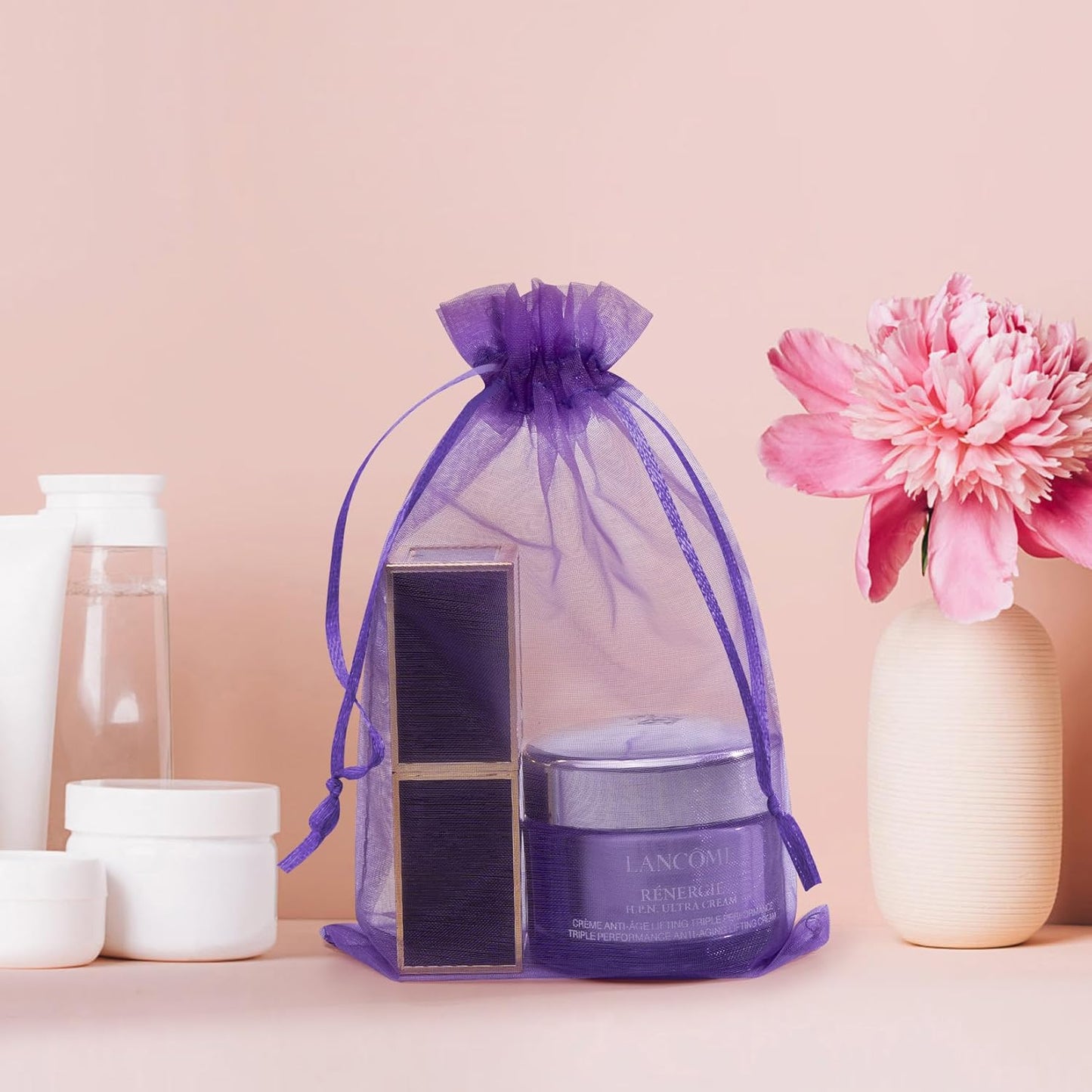 Organza Bags 50 Packs 3x4 Inch, Elegant Small Mesh Gift Pouches, Sachet Jewelry Bags Drawstring for Halloween Treat Party Favor (Purple)