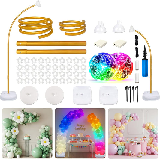 OurWarm Balloon Arch Kit with LED Lights, 9.35FT & 6FT Free Bending Half Balloon Arch Stand with Base, Gold Backdrop Stand for Wedding Birthday Party Baby Shower Yard Lawn Graduation Decorations