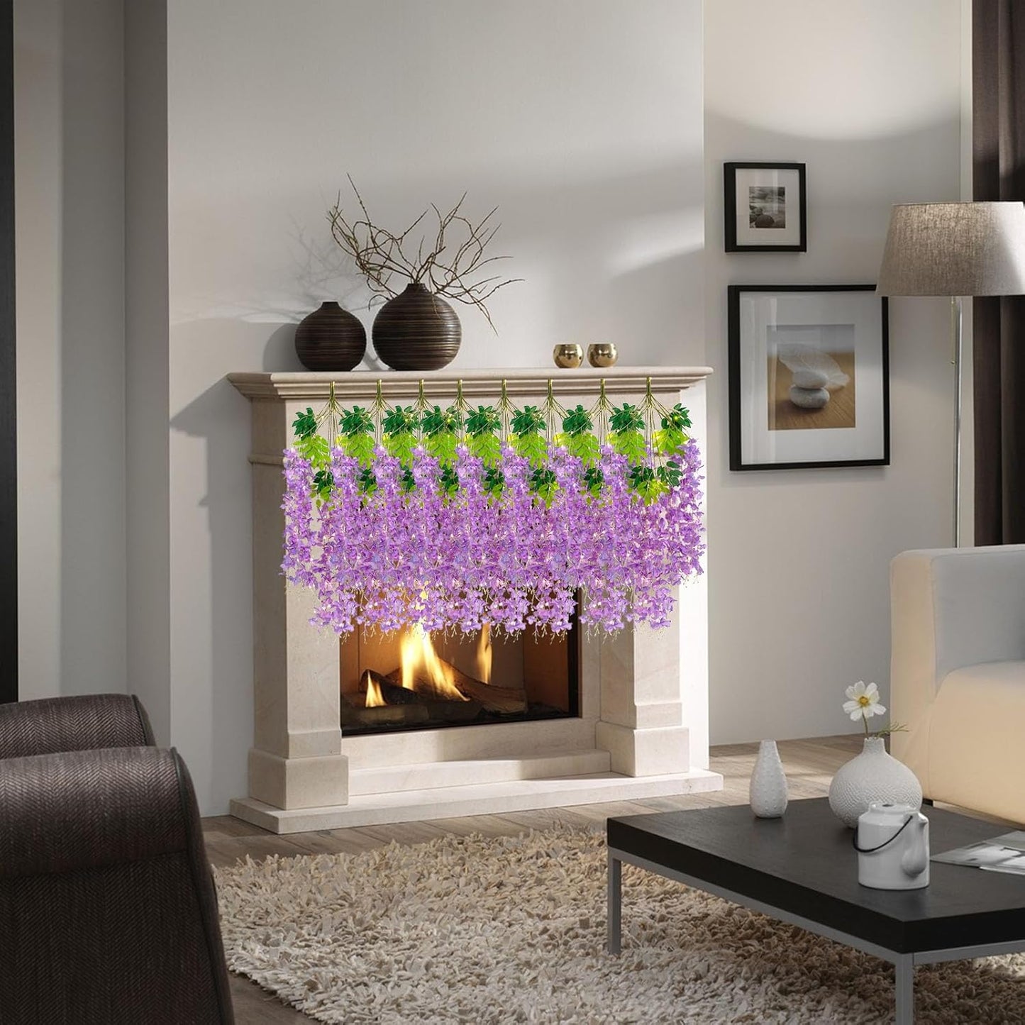 12 Pack Light Purple Wisteria Hanging Flowers Garland with Lights, 3.44 Feet Artificial Flower Vines, Fake Wisteria, Artificial Vines Hanging Garland for Backdrop Outdoor Patio Garden Decor