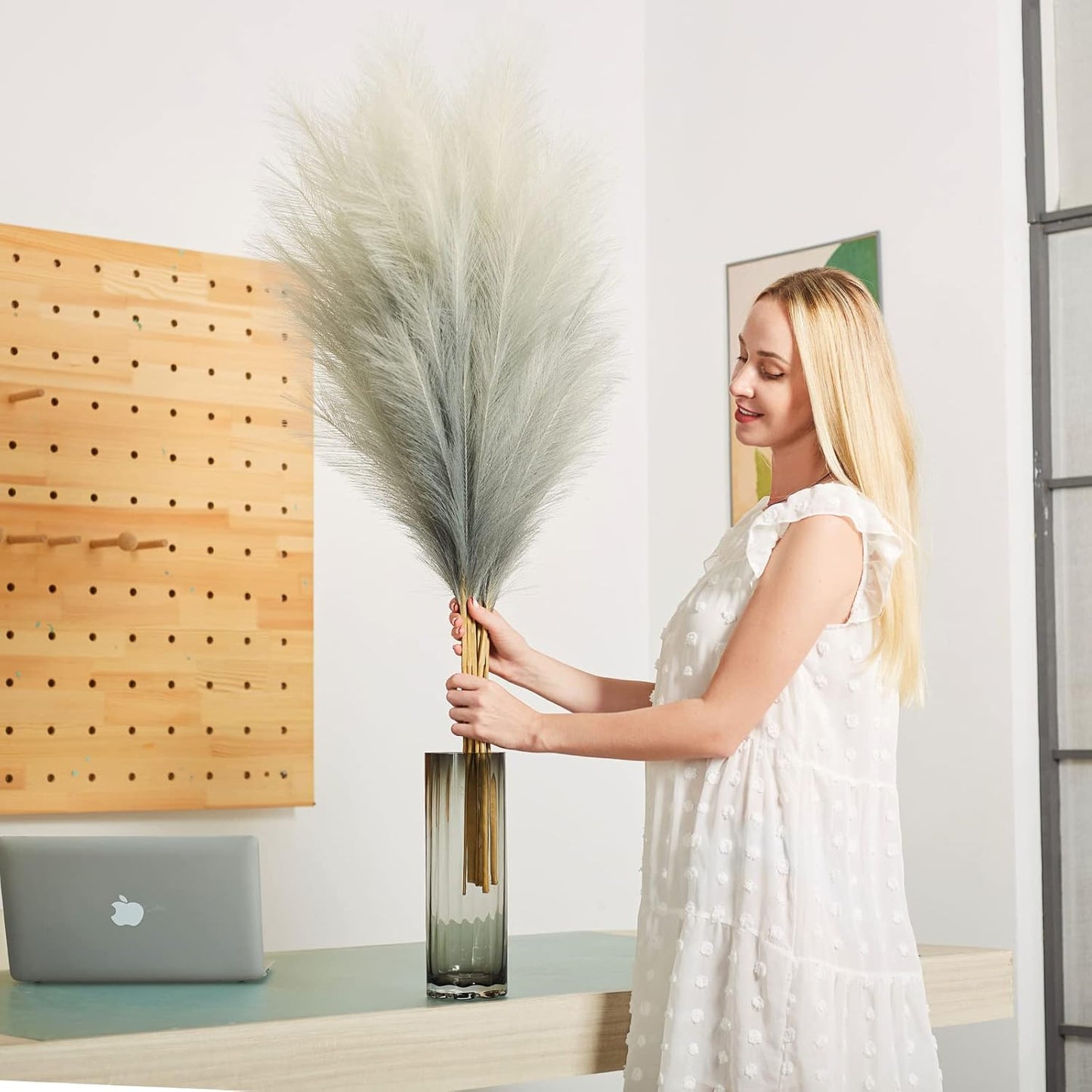 Faux Pampas Grass Decor, 6 Stems Artificial Pampas Grass - 43 inch Tall Pompass Grass Large Pompous Boho Flower Arrangement Home Decor for Room Wedding Party