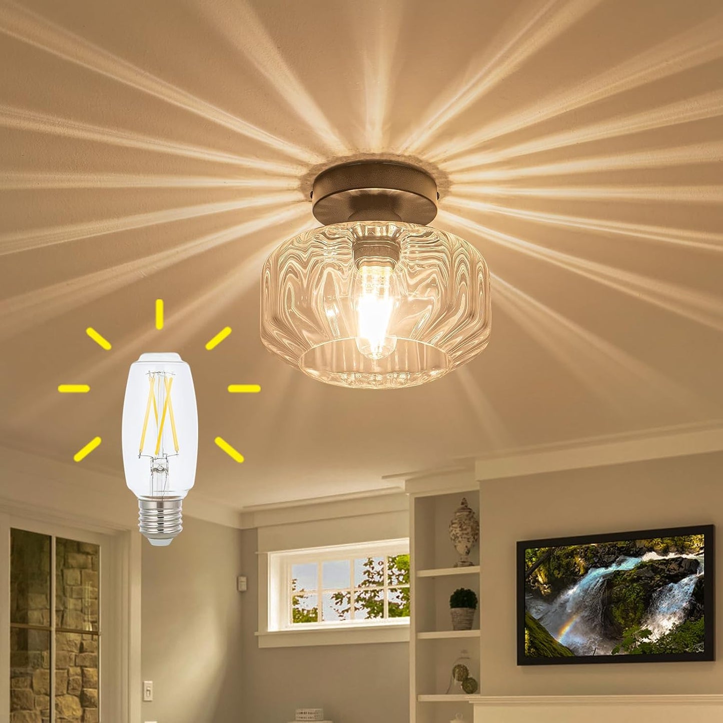 Semi Flush Mount Ceiling Light with Hexagonal Diamond Textured Glass, Matte Black Base & Includes 1200LM LED Bulb - Kitchen Lighting, Hallway Light Fixture, Bathroom Ceiling Light Fixture