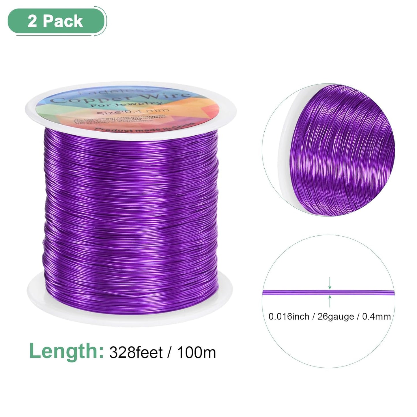 2-Rolls 0.4mm Jewelry Wire, 26 Gauge 328FT Craft Wire Copper Beading Wire for Jewelry Making/Planting/Weaving/DIY Crafting, Soft Metal Wires [100M, Purple]