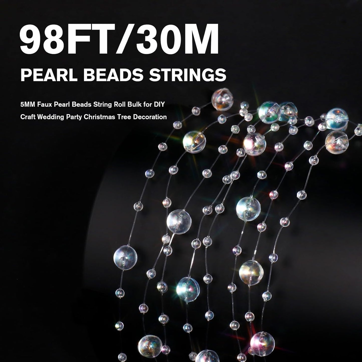 98FT Pearl Beads String Garland, 8mm 3mm Iridescent Faux Pearl Beads Roll Strand Bulk for Wedding Party Flower Christmas Decoration DIY Craft