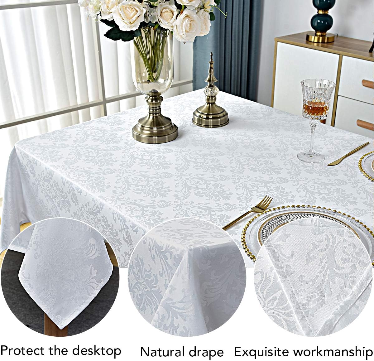 Rectangle Table Cloth - 60 x 84 Inch White Jacquard Tablecloths Damask Design Spillproof Wrinkle Resistant Shrinkproof Soft Tablecloth Polyester Oblong Table Cover for Kitchen Dinning Party Tabletop