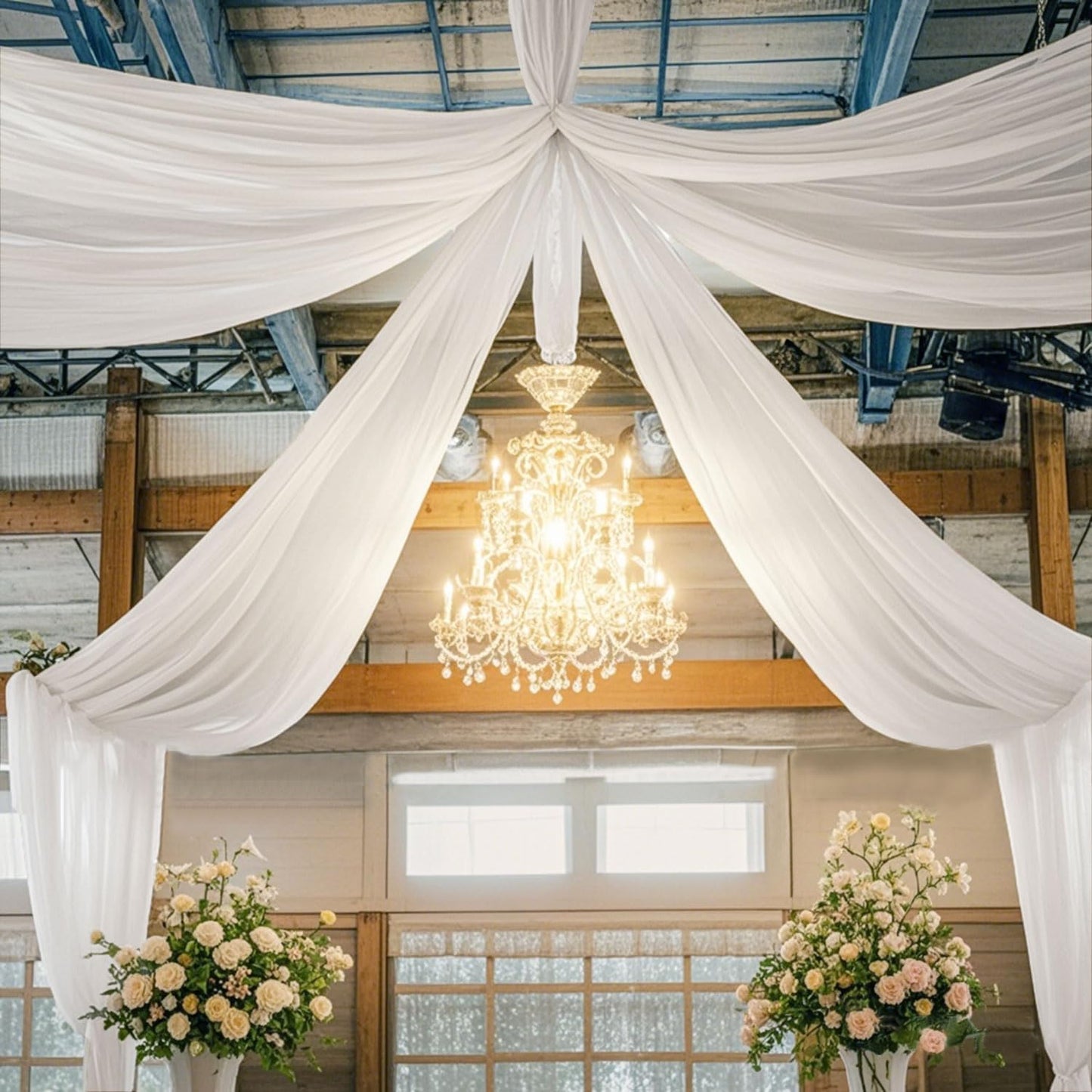 Ceiling Drapes Wedding Arch Draping Fabric White 5FTx20FT 2 Panels Arch Decorations for Ceremony Chiffon Drapery for Arbor Chiffon Backdrop Voile Sheer Curtains for Party Tent Ceiling Drape Outdoor
