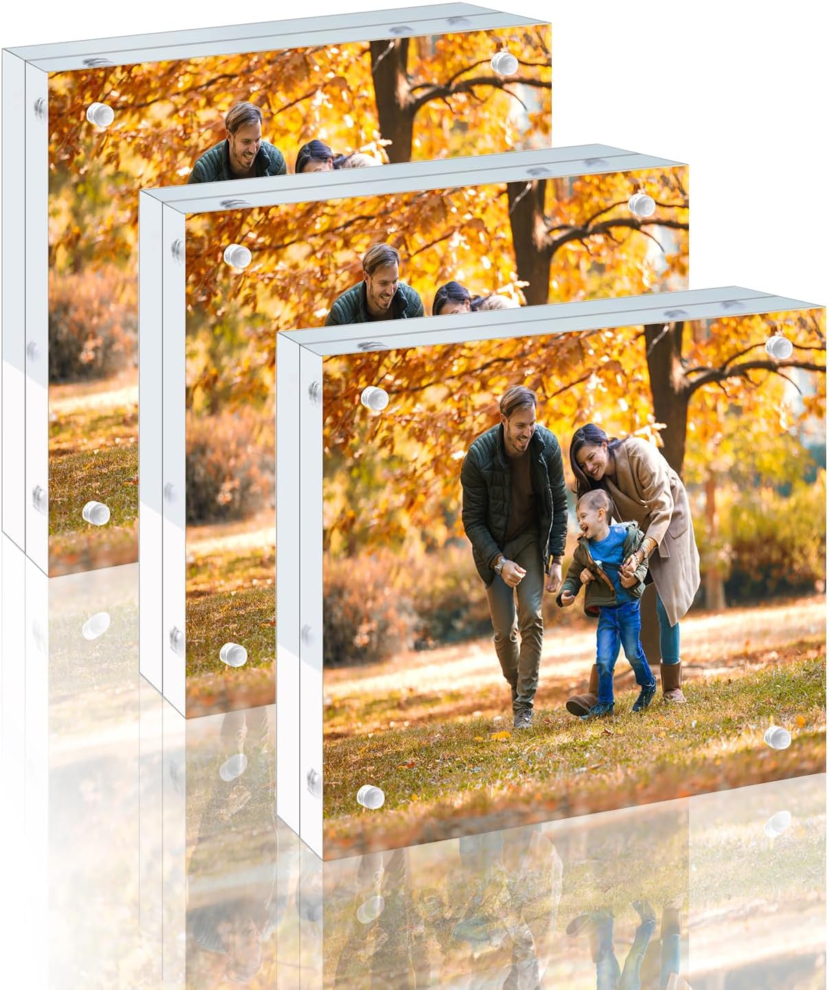 3 Pack 5x5 Acrylic Picture Frames - 20% Thicker Double Sided Magnetic Frame with UV Protection - Freestanding Clear Frameless Display for Tabletops - Modern Photo Frame Set for Home & Office Decor