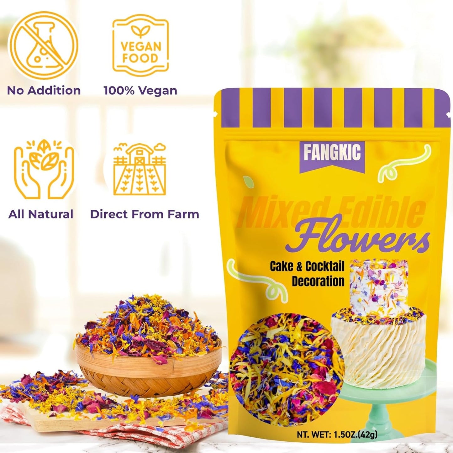 4 Kinds Natural Dried Edilble Flowers Petal Blend (1.5 Ounce), Edible Flowers for Cocktail, Cake Decoration, Soap Making, Ice cream. Include Rose Petals, Cornflower, Osmanthus, and Calendula