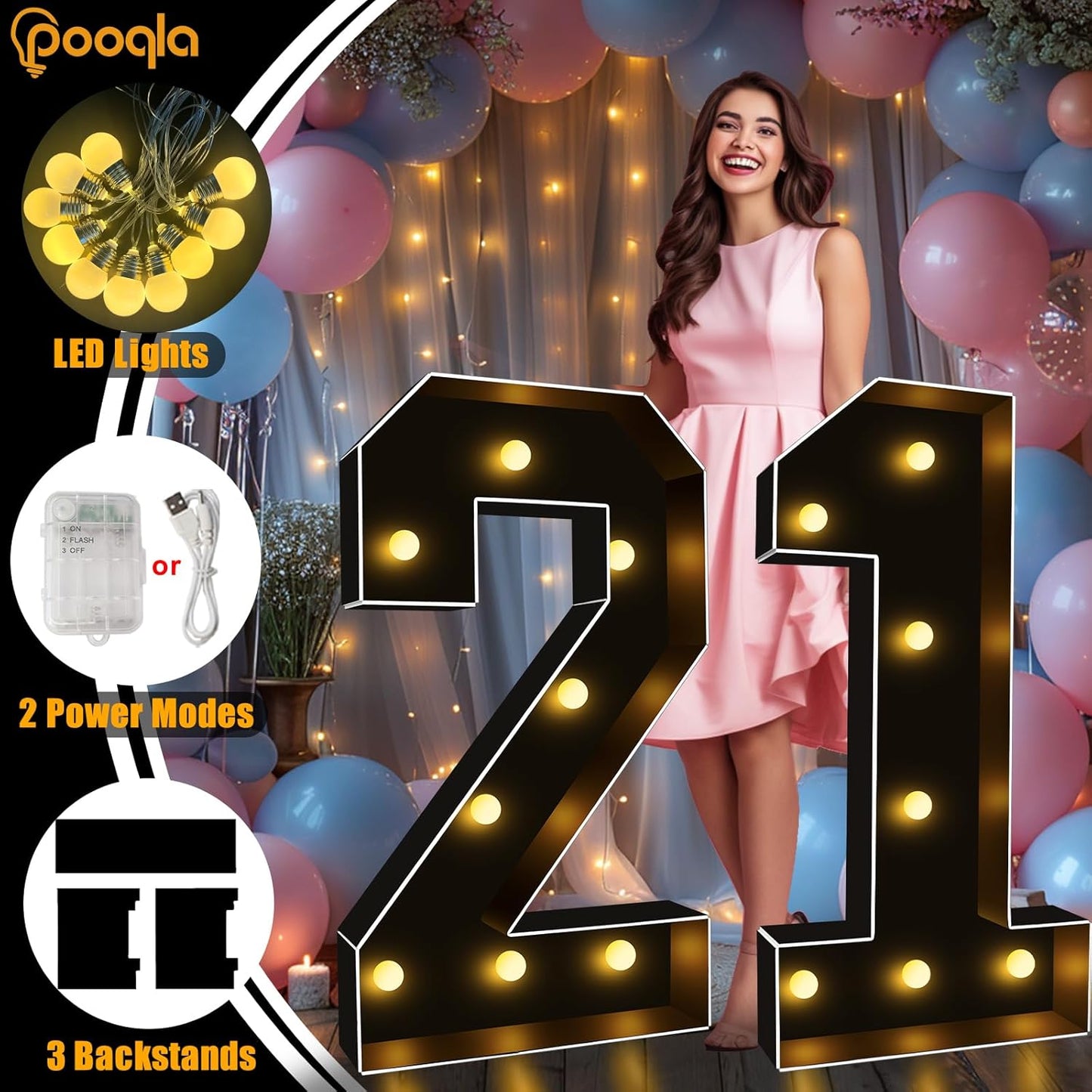 Pooqla 3FT Marquee Light Up Numbers, Black Lighted Party Decor for her him Women Men, Giant Mosaic Light Up Numbers for 7th 17th 70th Birthday Anniversary Decoration, Number 7