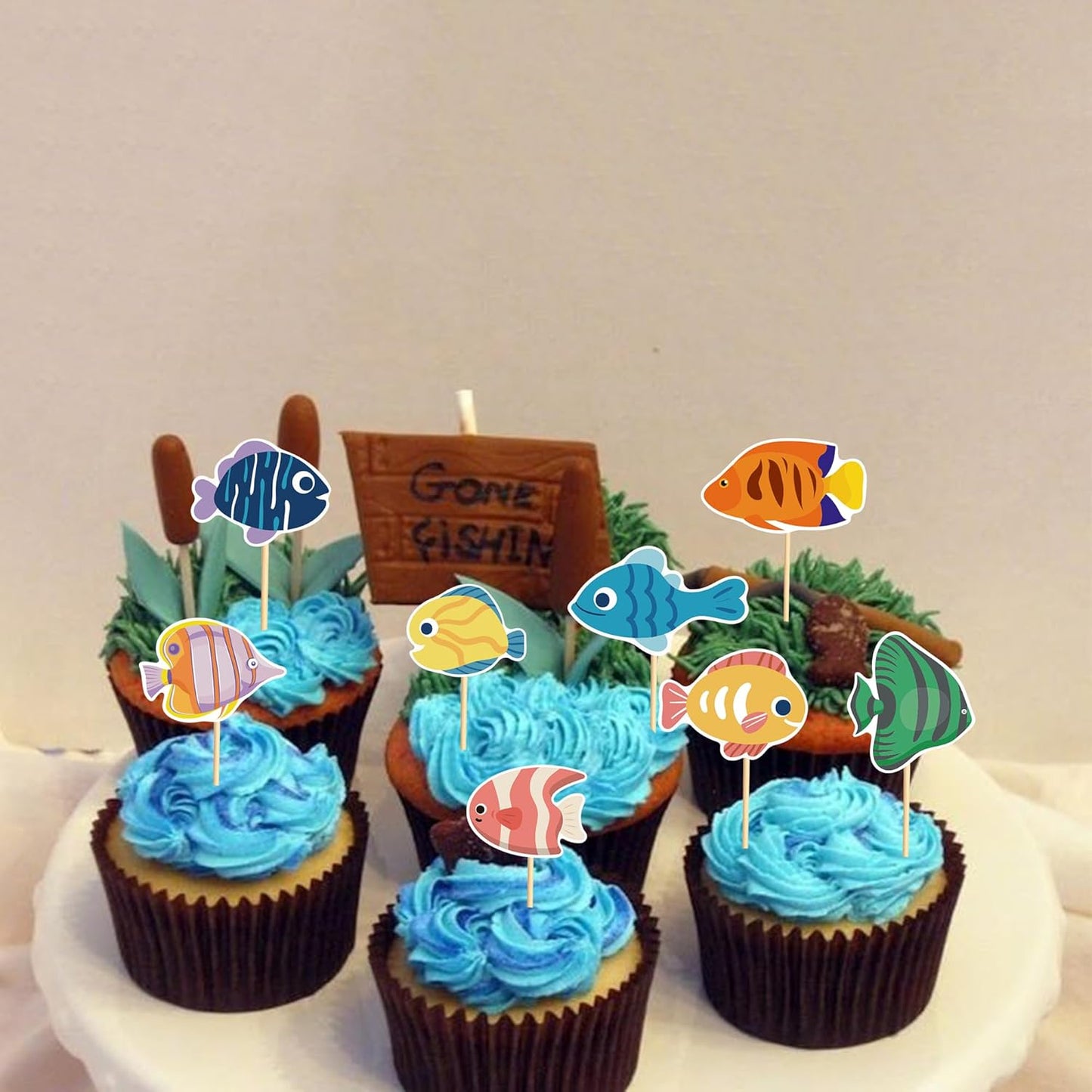 24pcs Fish Cupcake Toppers Go Fishing Theme Decorations Baby Shower Boys Girls Happy Birthday Party Tropical Party Cake Picks Under The Sea Decoration Supplies