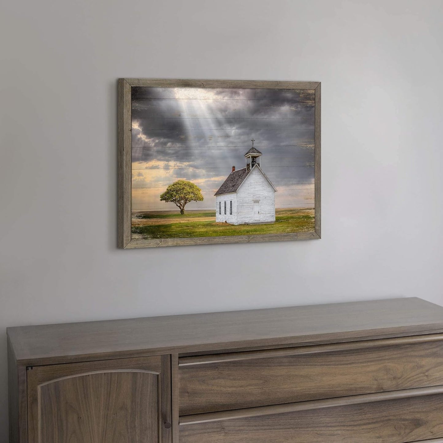 Beautiful Scene Wooden Art Framed: Little House under the Sun Wood Artwork Painting with Framed for Office (12'' x 16'' x 1 Panel)