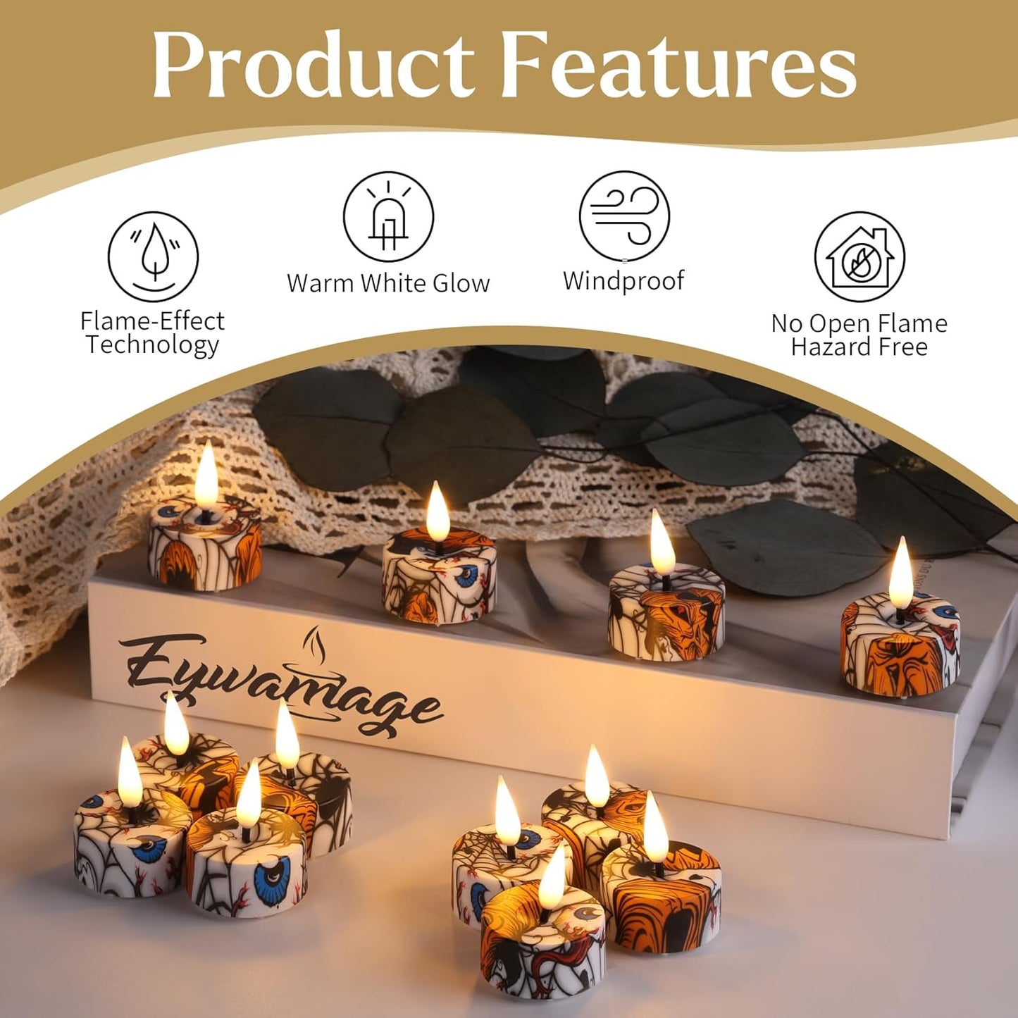 Eywamage Halloween Flameless Tealights with Remote, Spooky Spider Pumpkin Battery LED Tea Votive Candles Set of 12