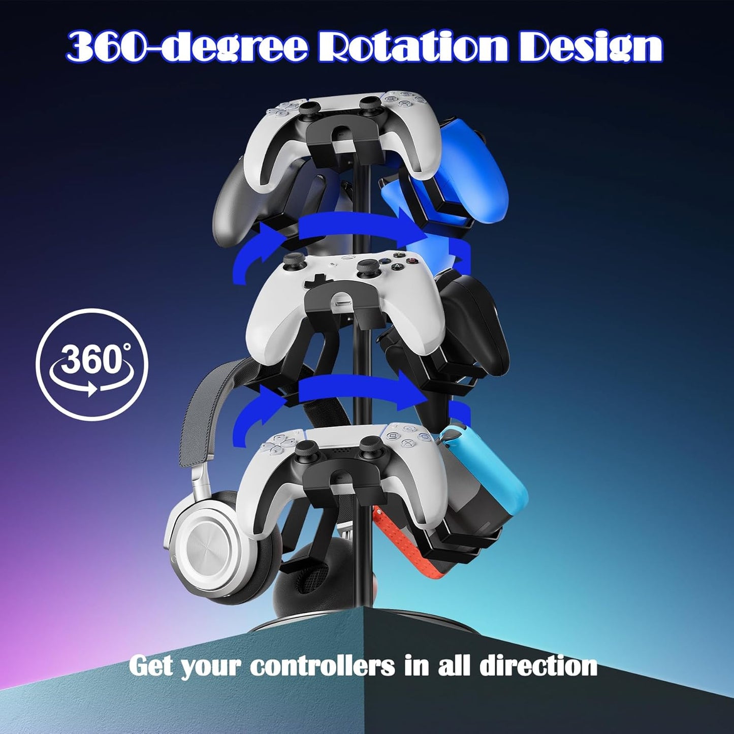 Controller Holder Stand 3 Tiers, Rotatable Gaming Headset Stand Compatible with Xbox PS5 PS4 Nintendo Switch Pro, Aluminum Headphone Organizer Rack, Desktop Gampads Holder, Black
