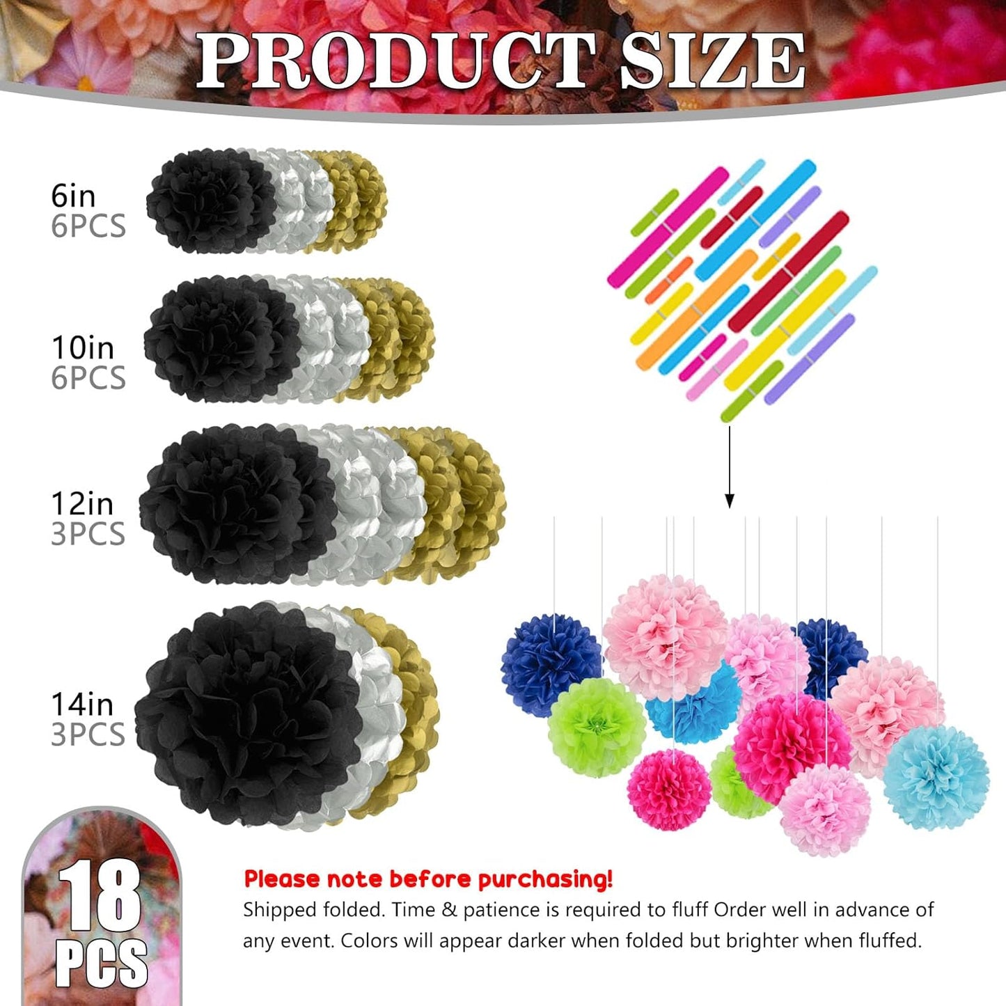 Tissue Paper Pom Poms, Black Gold Silver Tissue Paper Flowers, Hanging Flower Balls for Weddings Fiesta Parties Birthday Baby Showers Classroom Bridal Shower Decoration (18Piece Set-6/10/12/14Inch)