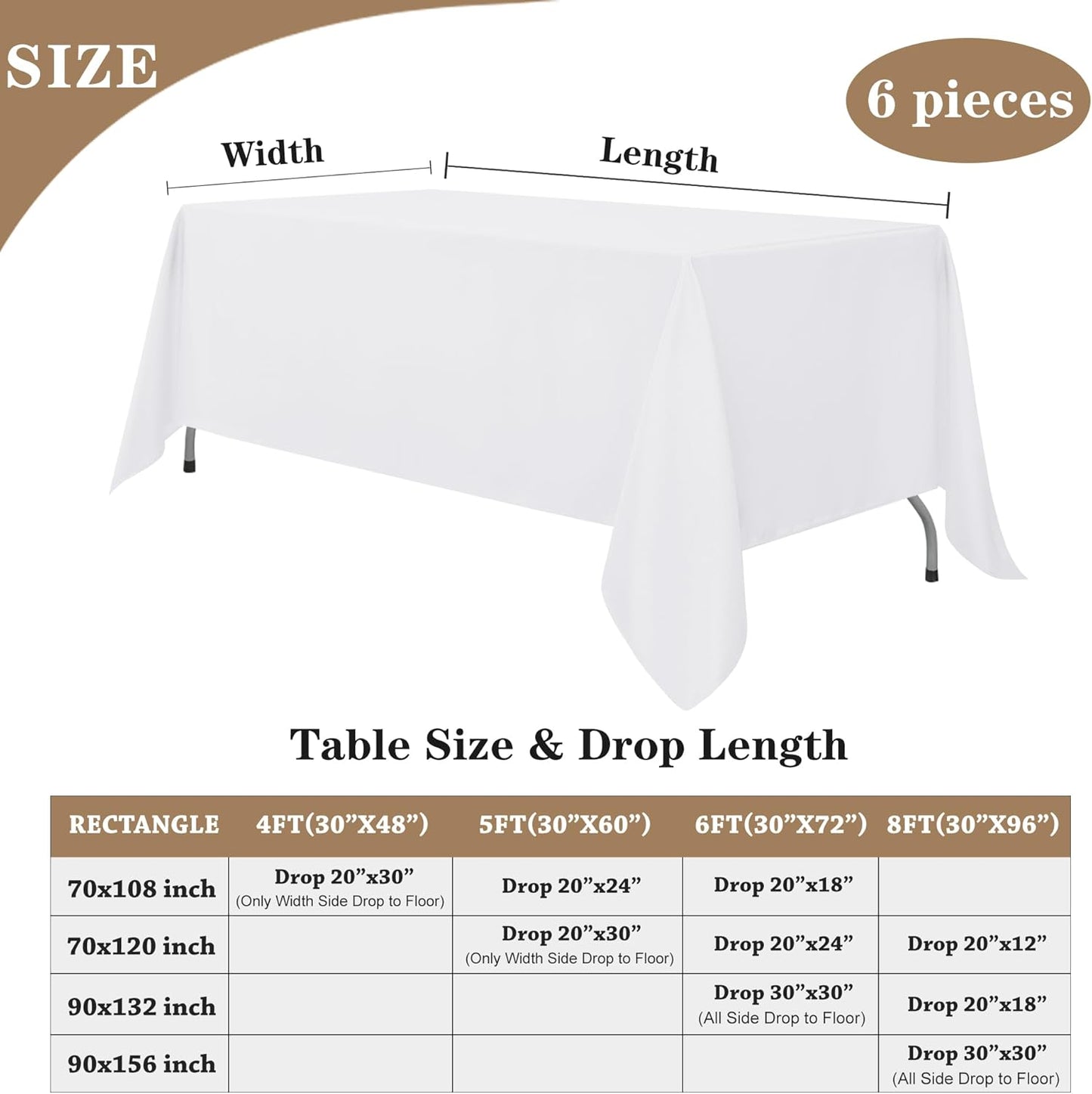Fitable White Tablecloths for Rectangle Tables, 6 Pack - 70 x 120 Inches - Reusable and Washable Table Clothes for 6-8 Ft Tables, Polyester Fabric Table Covers for Wedding, Party, Banquet