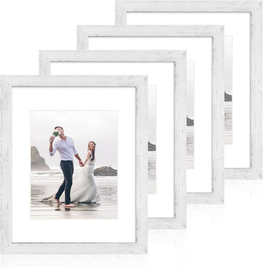 11x14 Picture Frame Set of 4 with Tempered Glass, Distressed White Frame Display 8x10 Picture with Mat or 11 x 14 Without Mat, Wood Rustic Photo Frames for Horizontal or Vertical Wall Mounting