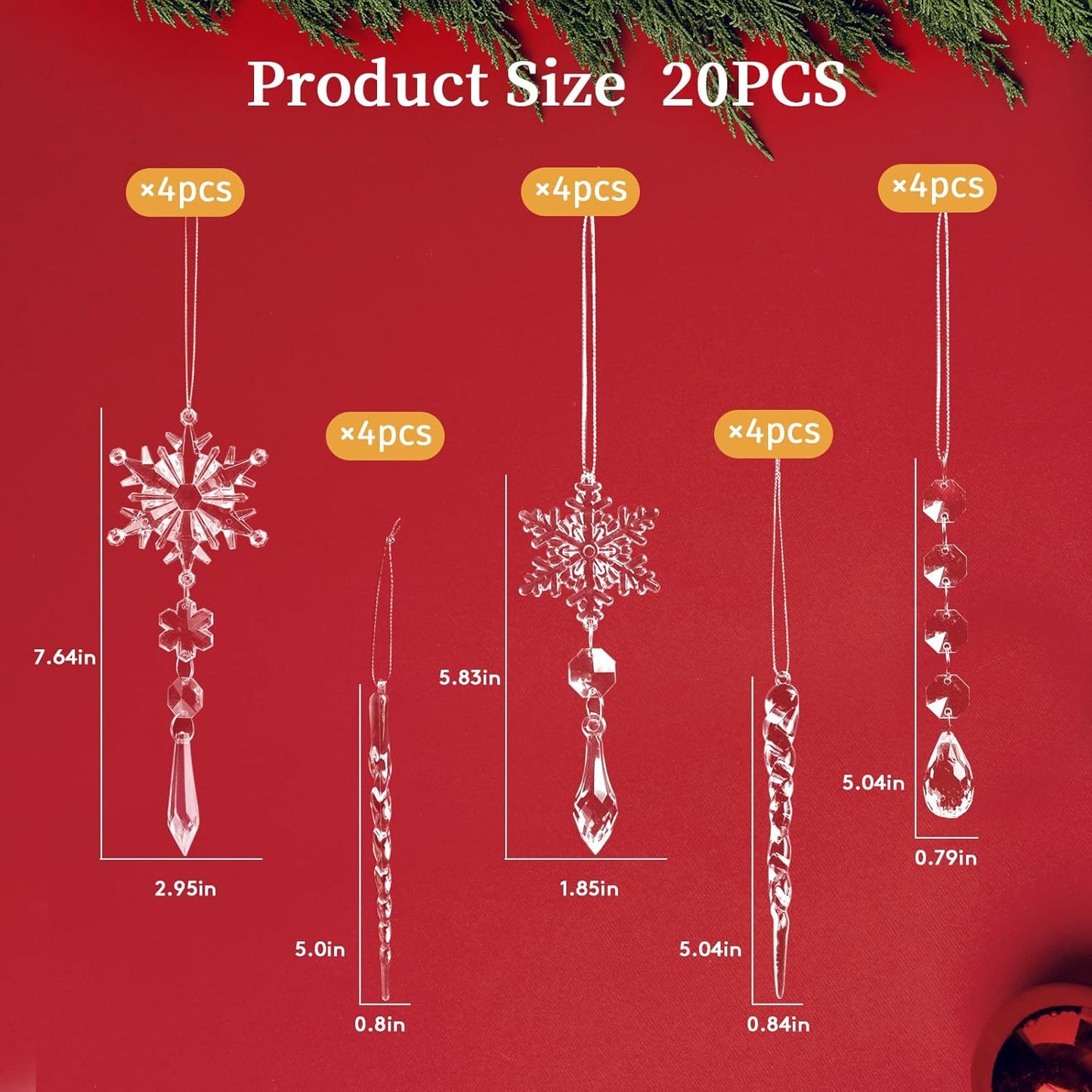 20pcs Christmas Ornaments Set for Tree - Hanging Acrylic Crystal Snowflake Icicle Drop Decorations for Winter Christmas Tree, New Year Party Supplies