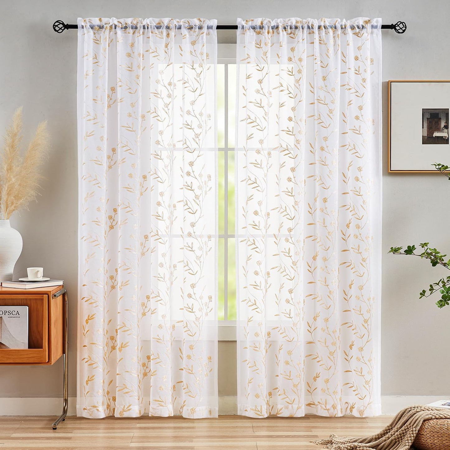 Sheer Curtains with Desin White-Beige Floral Embroidery 84 Inch Long Rod Pocket Lace Drapes for Living room, Bedroom, 2 Panels, 52"x84", Semi Voile Outdoor Window Treatment Sets for Yard, Patio.