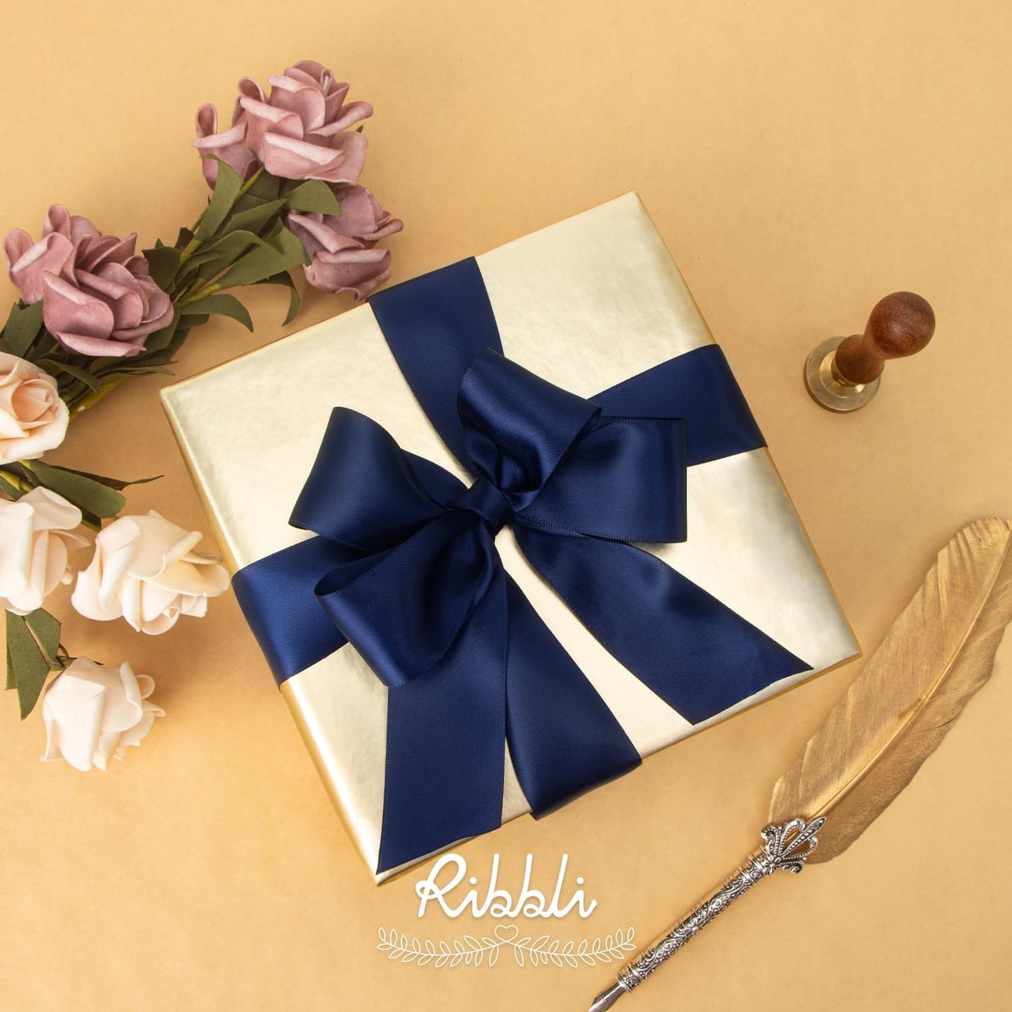 Ribbli Navy Double Faced Satin Ribbon,1-1/2” x Continuous 25 Yards,Use for Bows Bouquet,Gift Wrapping,Wedding,Floral Arrangement