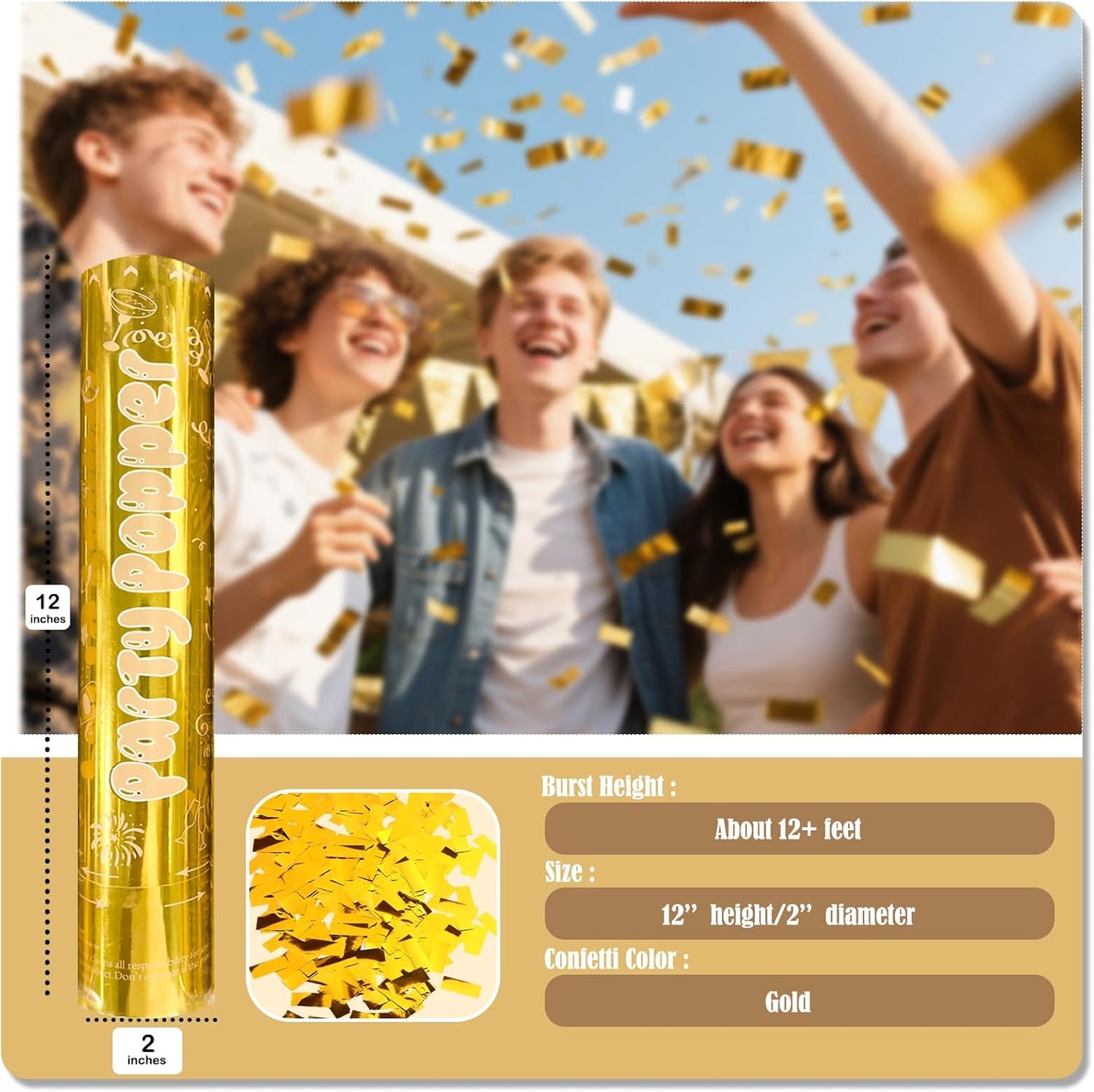 12 Inch Gold Confetti Poppers | 5 Pack Confetti Cannons for Weddings, New Years, Graduation, Anniversary and Any Celebration